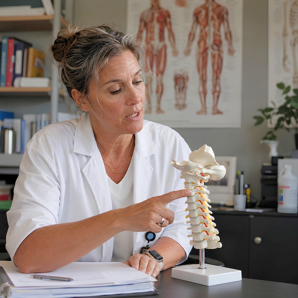 A physiotherapist in a clinic pointing at the C1 to C7 vertebrae on a cervical spine model