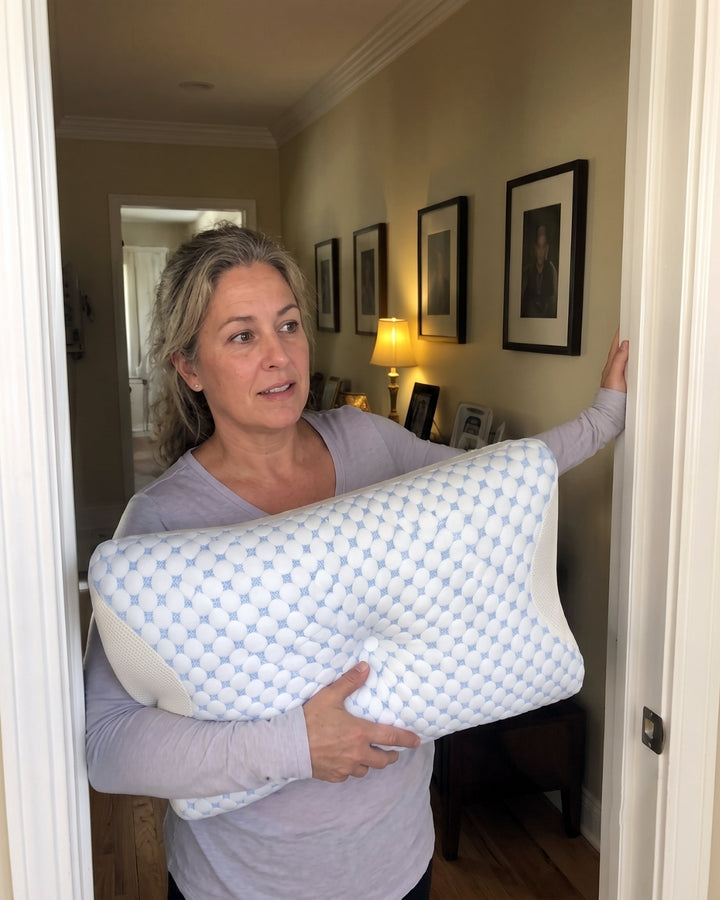 A customer holding the Serenium Relief Pillow in a doorway at home