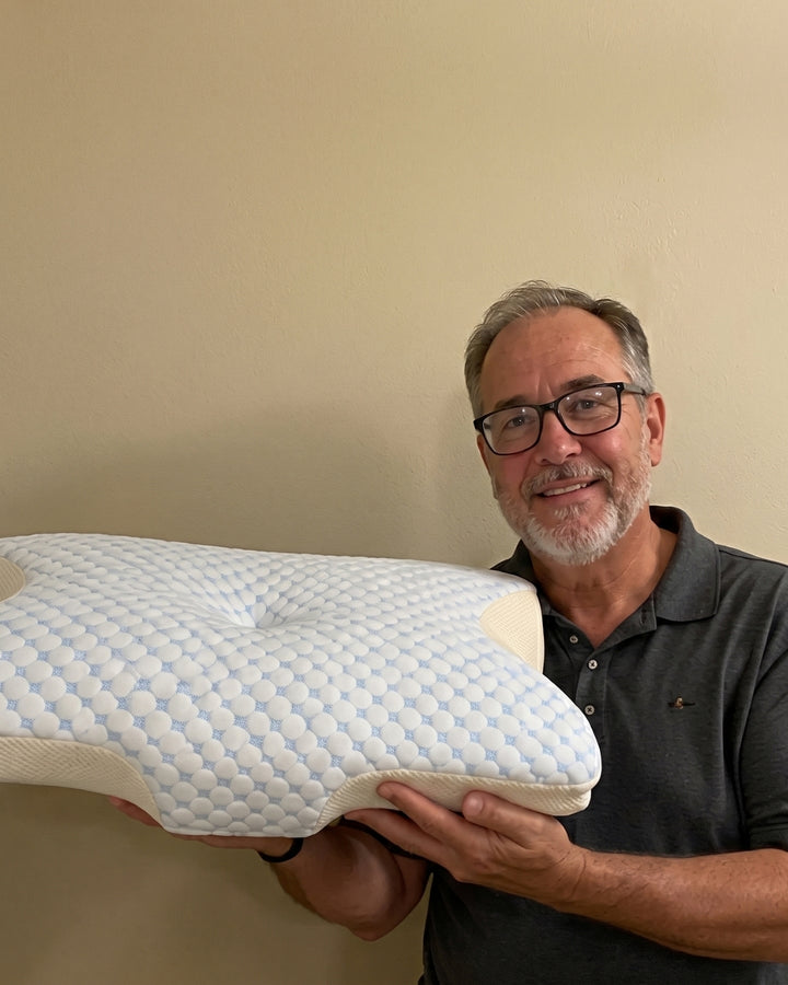 A customer holding the Serenium Relief Pillow, showing its contour