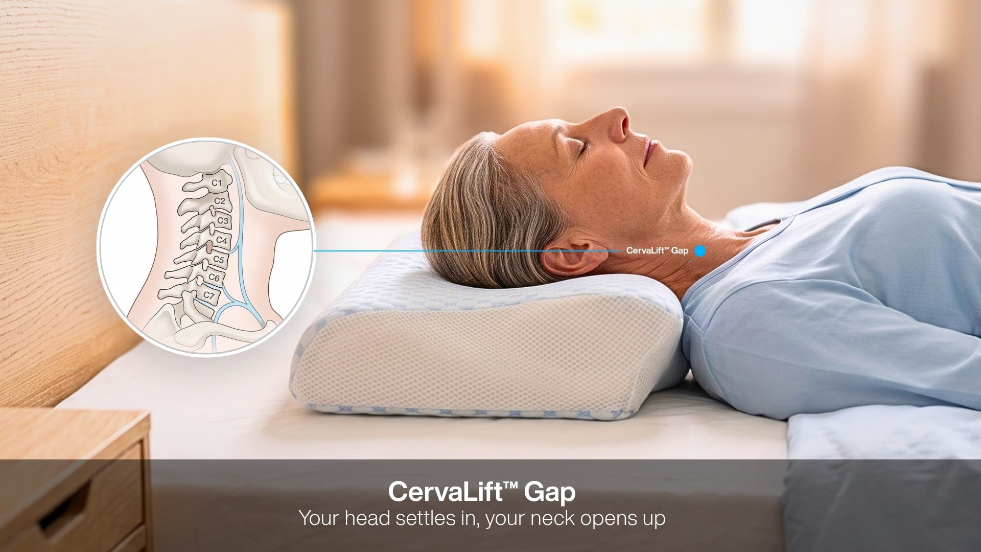 Side view of a woman asleep on the Serenium pillow, with an inset diagram of the cervical spine decompressing in the CervaLift gap