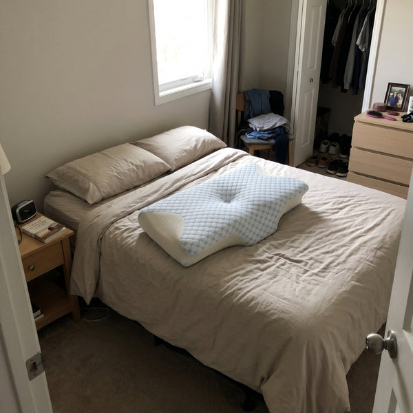 The Serenium Relief Pillow on a made bed in a customer bedroom