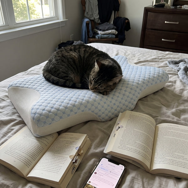 A cat asleep on the Serenium Relief Pillow among open books