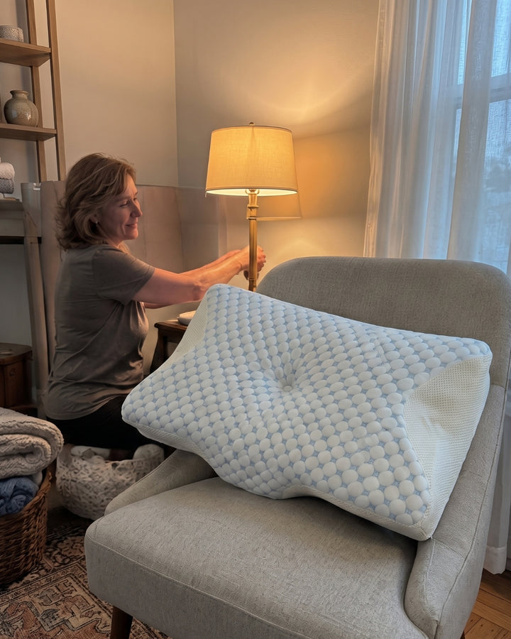 A customer setting the Serenium Relief Pillow down at home